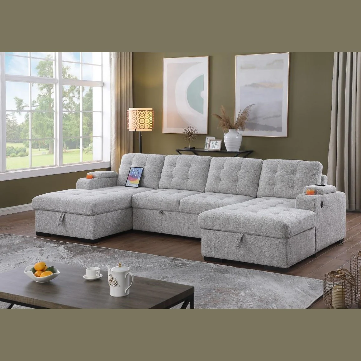 Alonso Sleeper U-shaped Premium Fabric Sleeper Sectional - Light Grey - Image 6