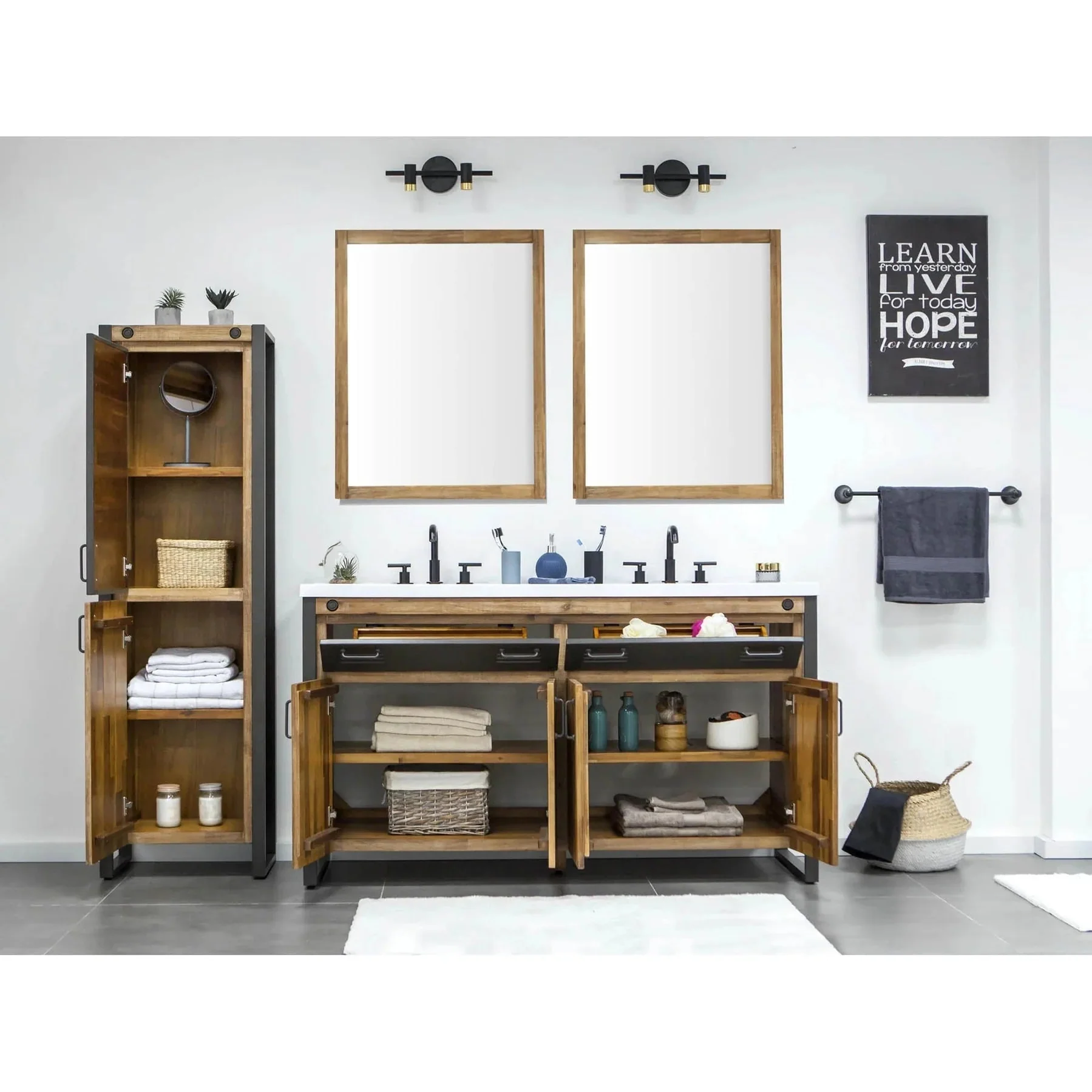 Alvado Vanity W61 in Solid Acacia Wood and Metal with White Basin - Image 3