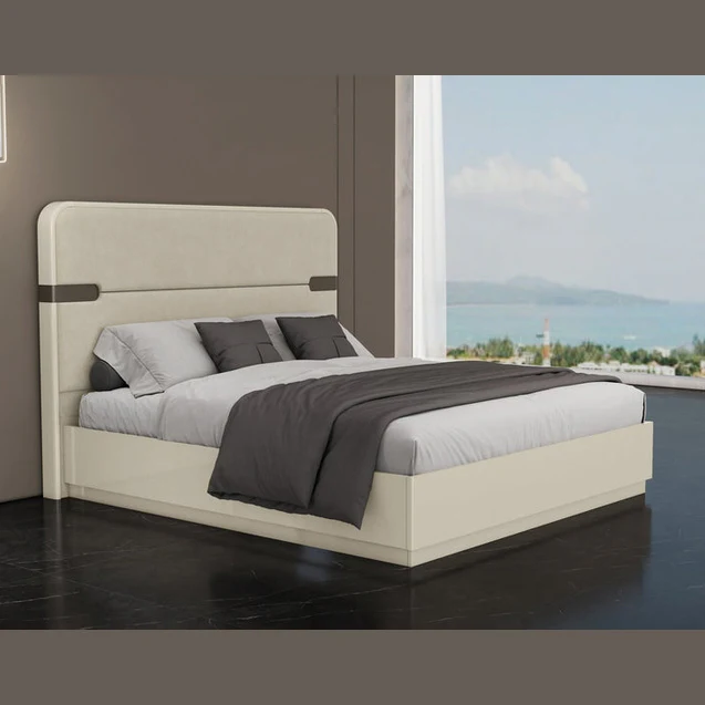 Elara Modern Platform Bed with Upholstered Headboard – Beige High Gloss - Image 3