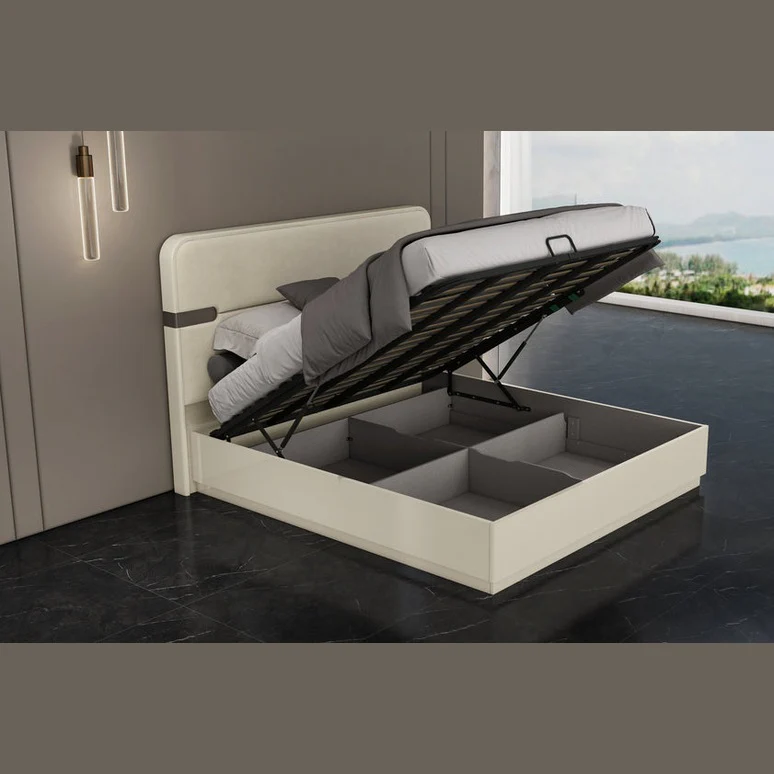 Elara Modern Platform Bed with Upholstered Headboard – Beige High Gloss - Image 4