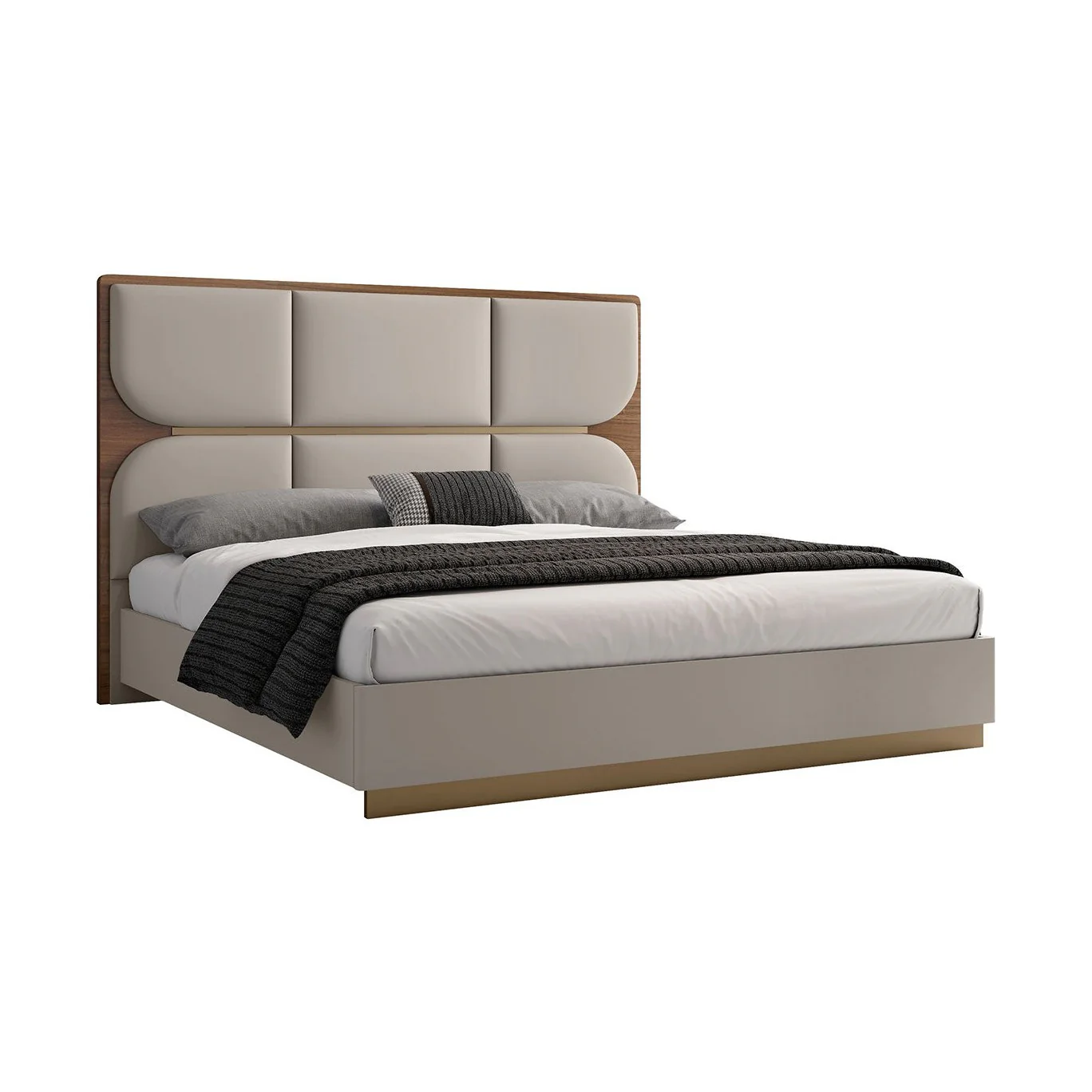 Elvona Modern Platform Bed with Upholstered Headboard – Flannel Grey & Walnut