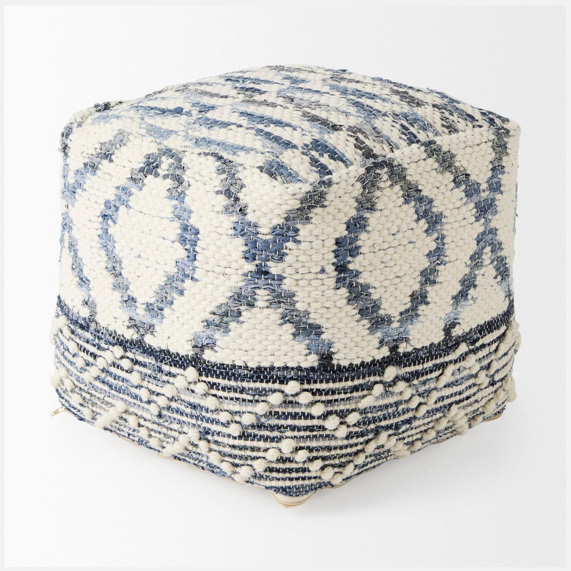 Eshana 16.0L x 16.0W x 16.0H Cream Wool and Denim Patterned Pouf - Image 4