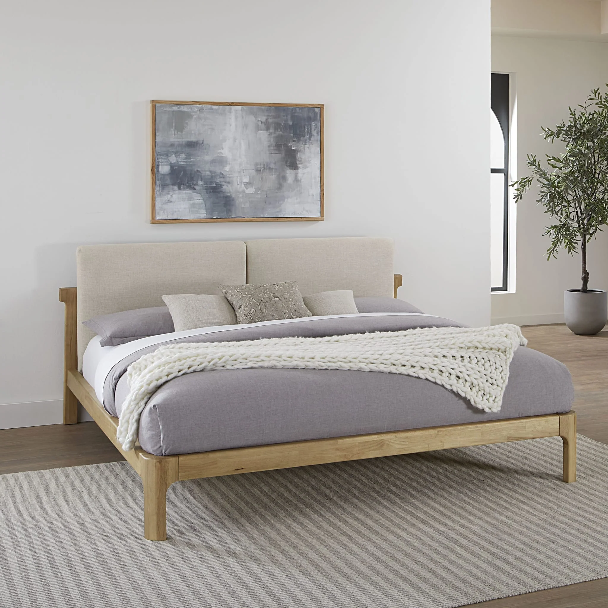 Furano Upholstered Two Cushion Platform Bed in Ginger and Natural Linen - Image 8