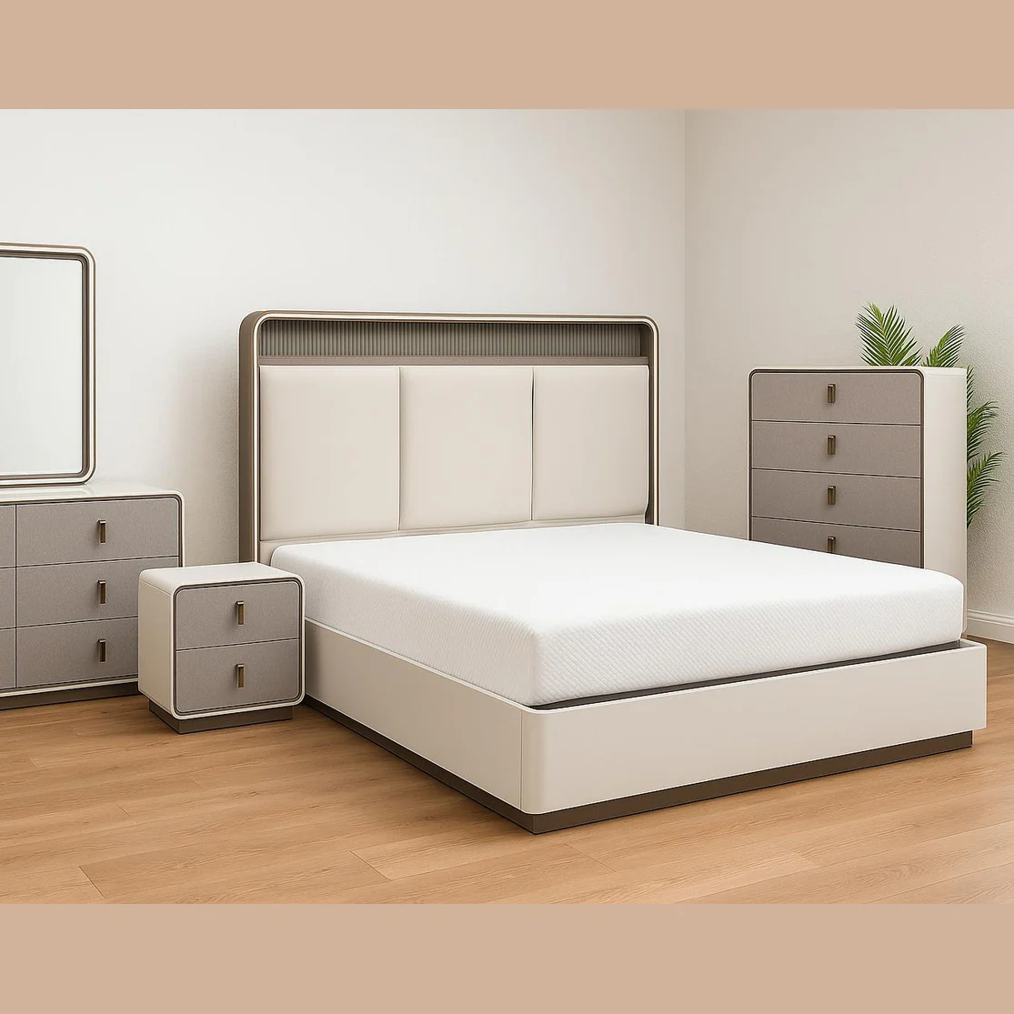 Joan 5-Drawer Bedroom Chest – Light Grey Beige Glossy Finish - Image 2