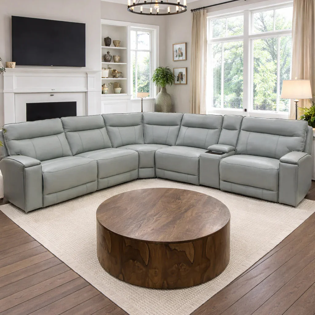 Maceo Genuine Leather Modular Recliner Sectional - Grey - Image 2