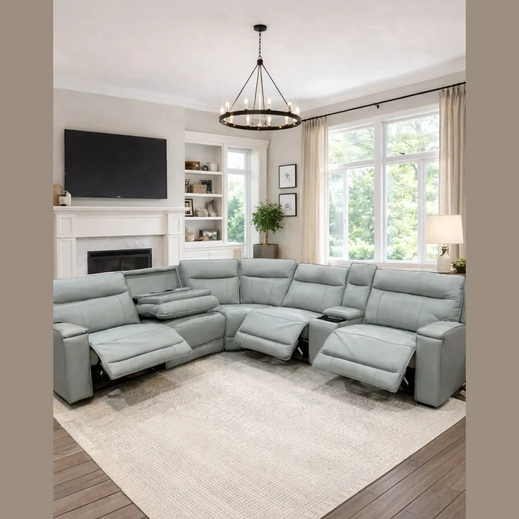 Maceo Genuine Leather Modular Recliner Sectional - Grey - Image 3