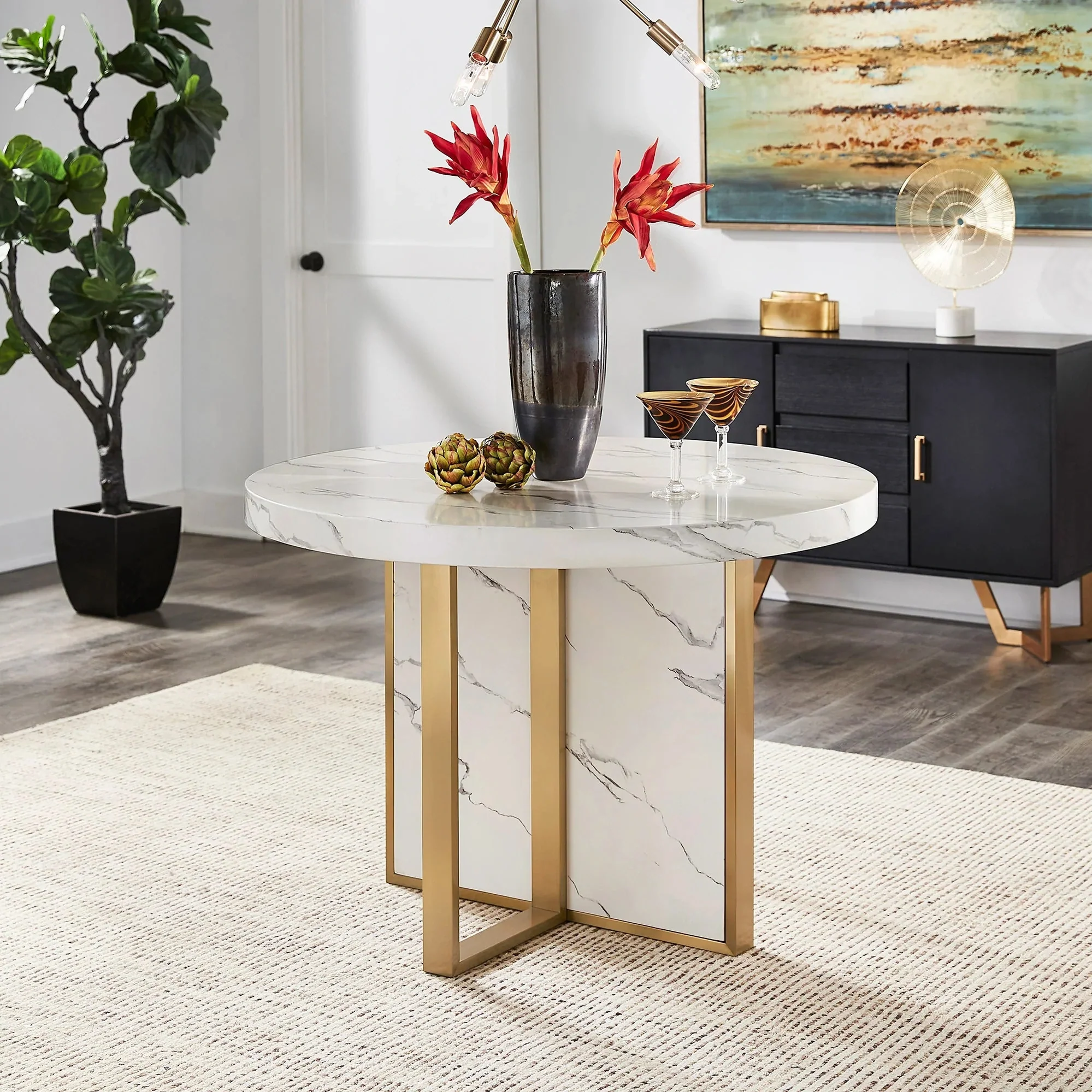 Moreno 43" Wide Faux Marble Round Dining Table - White - Image 5