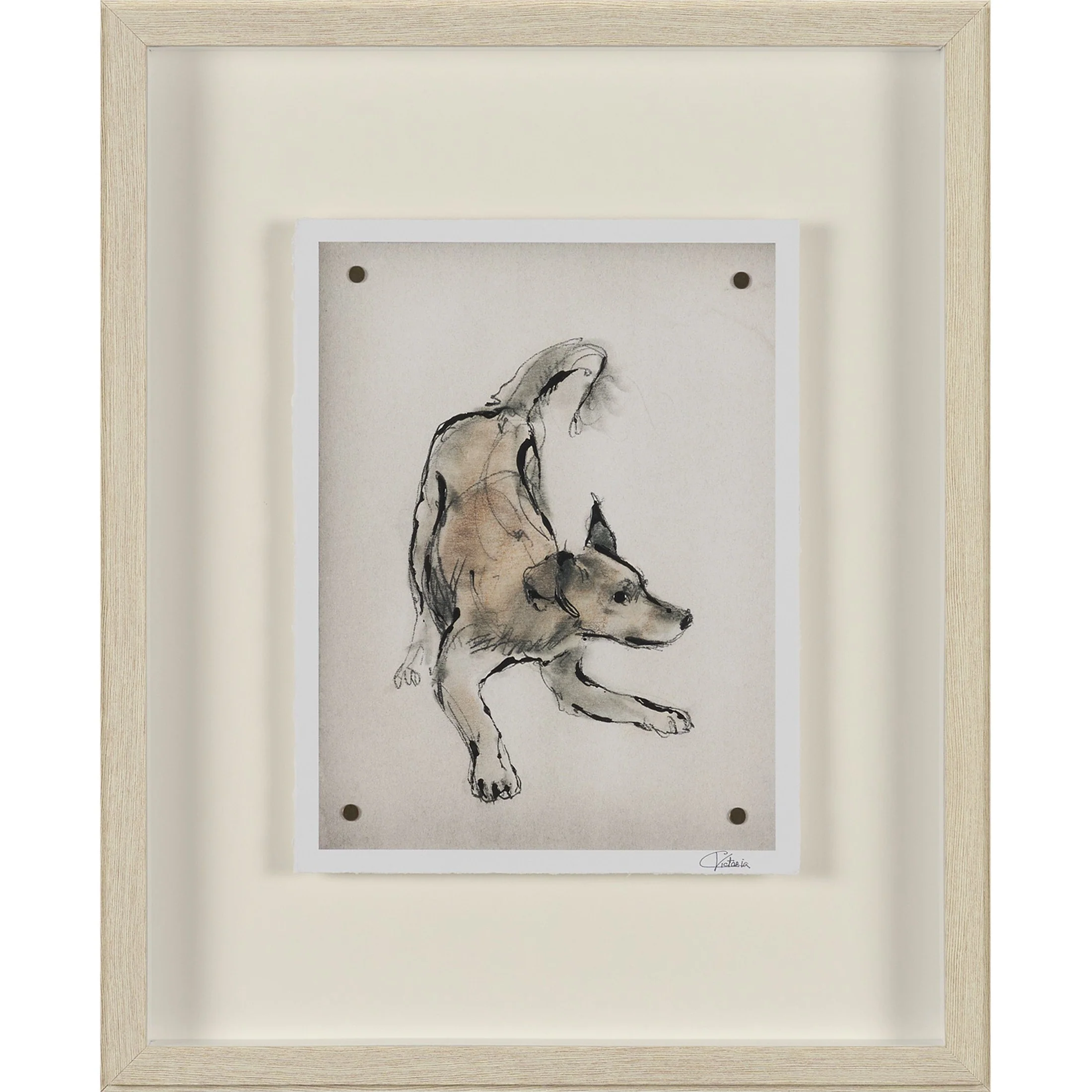 Playful Pup Hand Embelished Framed Artwork Matted under Glass
