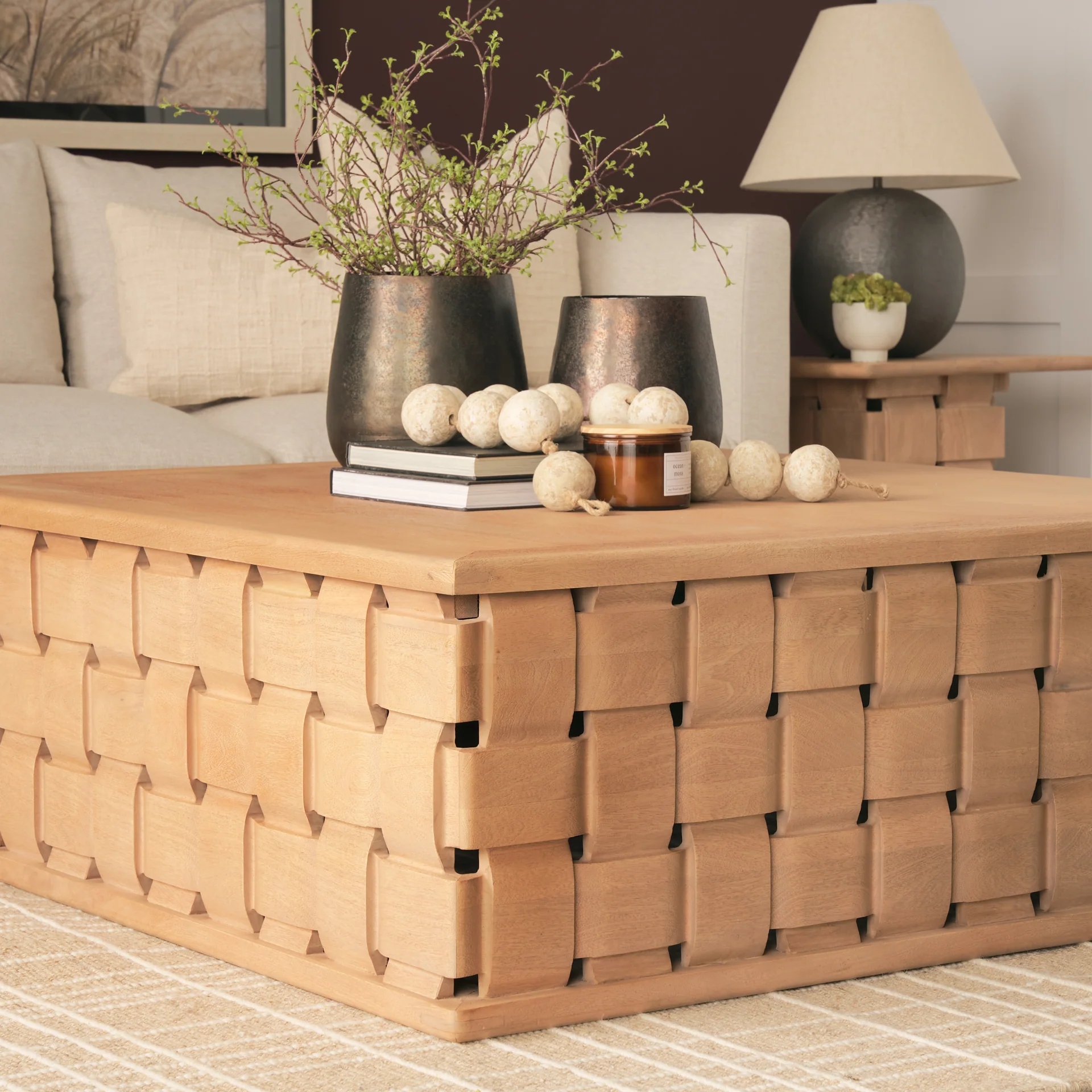 Trellyn 48" Brown Wood w/ Carved Woven Base Square Coffee Table - Image 10