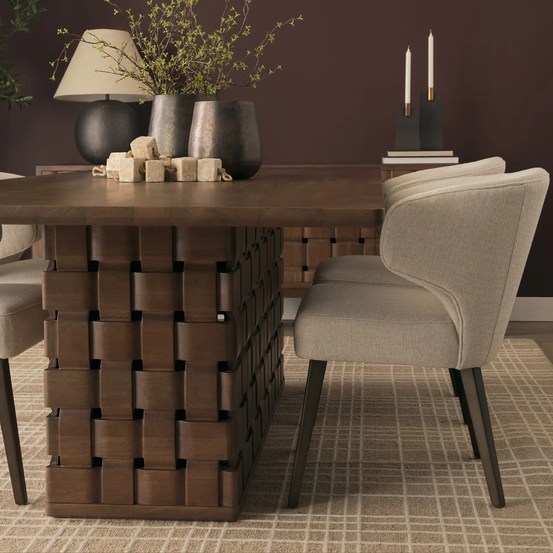 Trellyn Solid Wood Carved Woven Base Rectangular Dining Table - Image 12