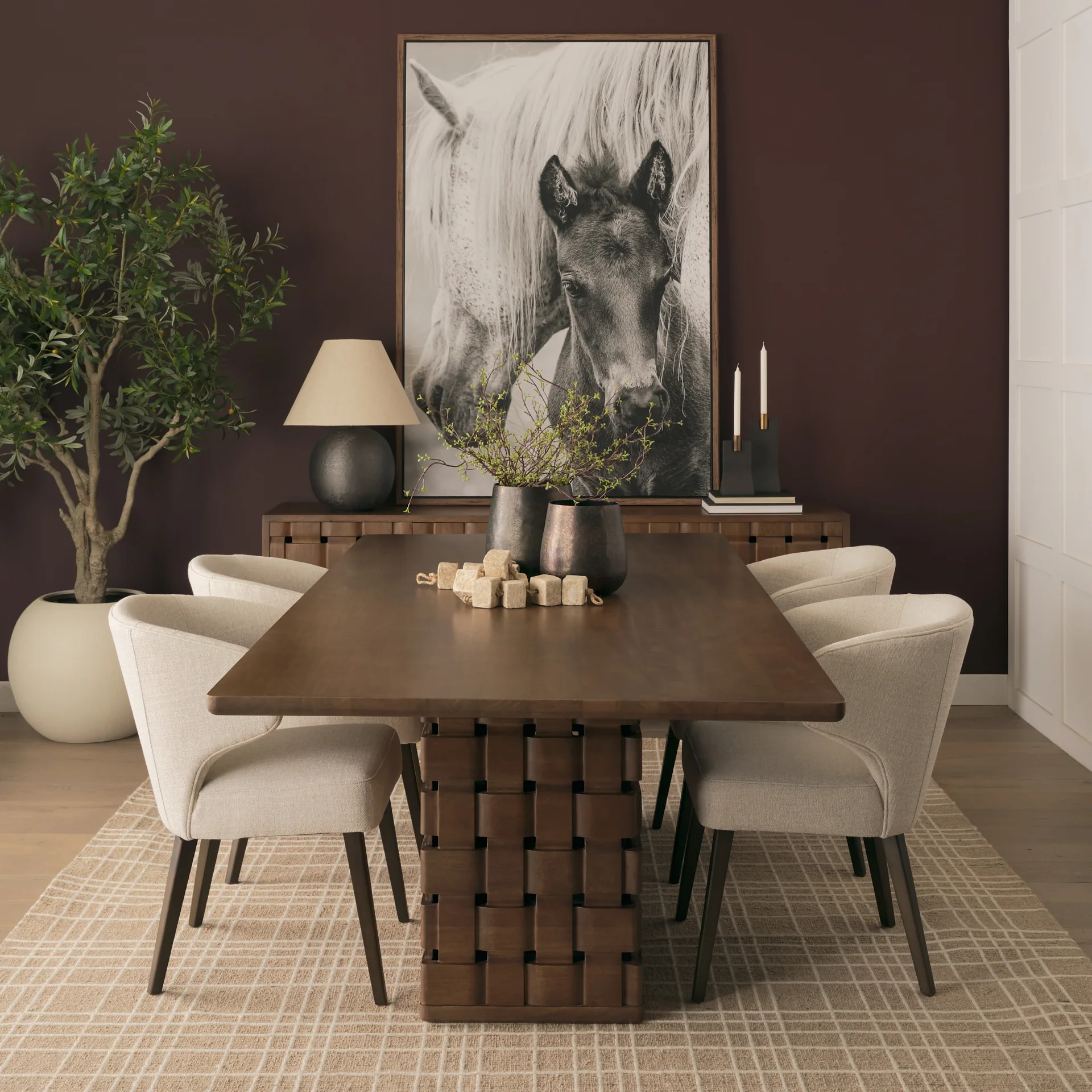 Trellyn Solid Wood Carved Woven Base Rectangular Dining Table - Image 2
